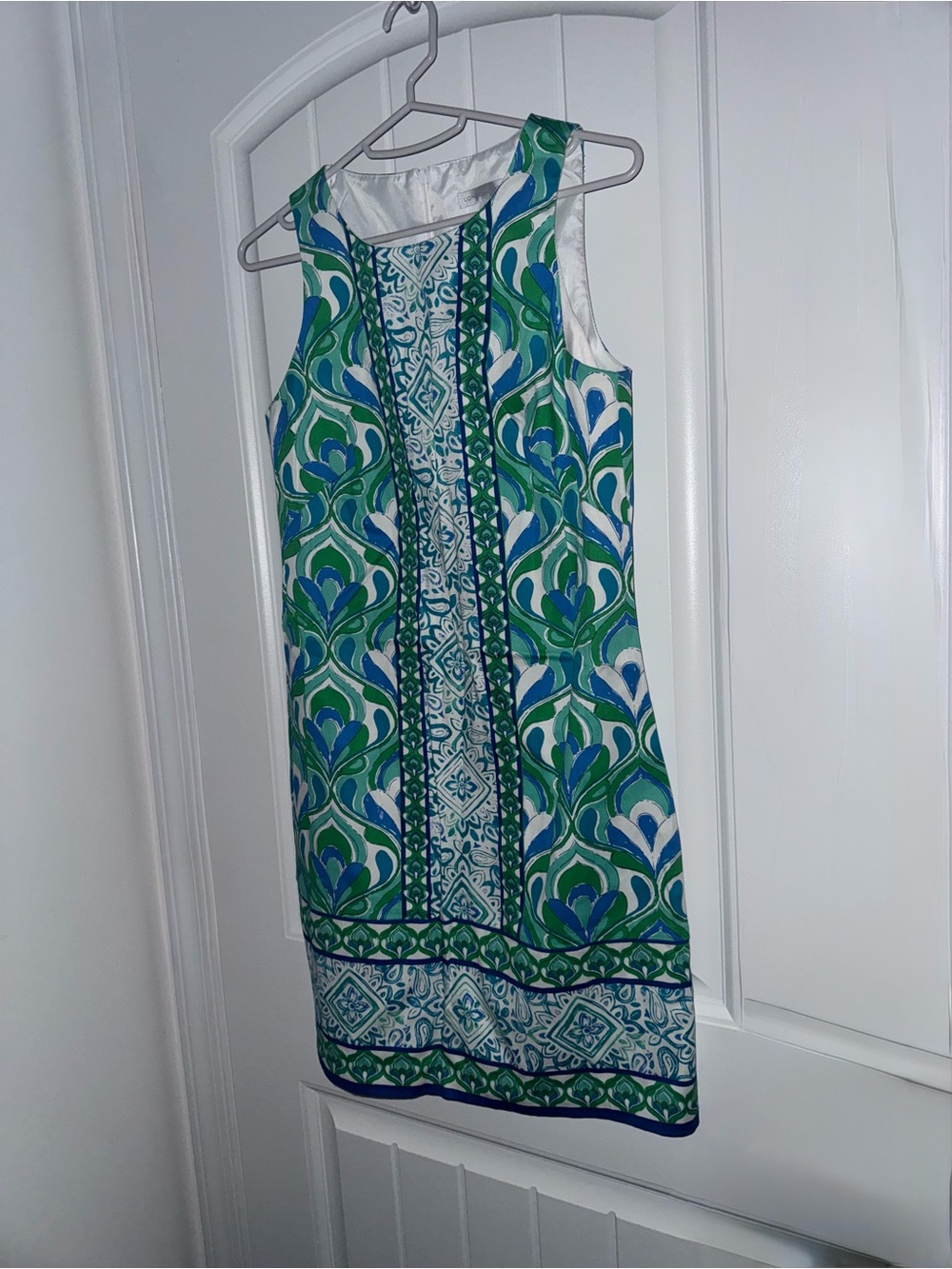 London Times Blue Green Mosaic Geometric Cotton Shift Dress Size 2